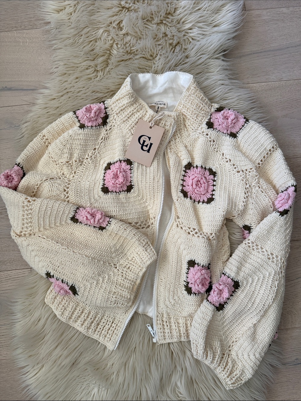 Chasing Unicorns Cream Crochet Zip Cardigan with Pink & Brown Accents